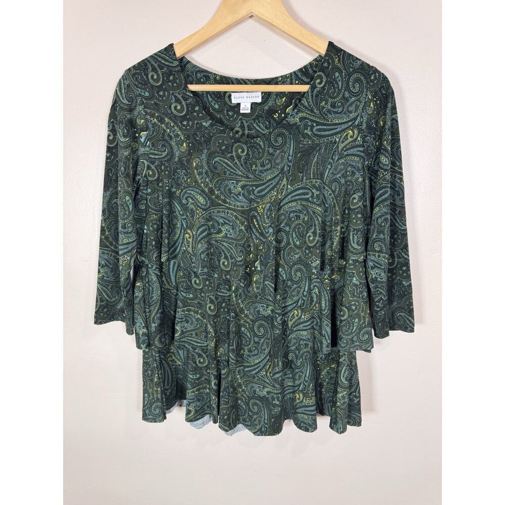 Susan Graver Womens Blouse Liquid Knit Paisley Green Tiered Coastal Boho 90s Y2K